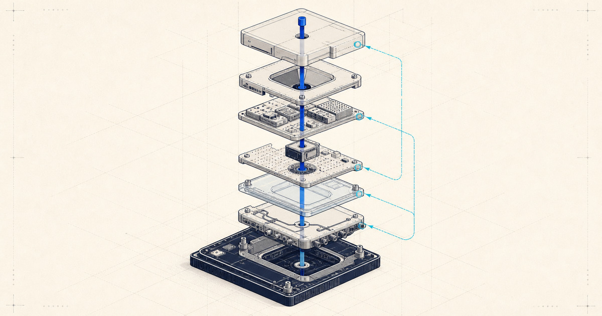 Exploded technical illustration of an AI product assembled from workflow, data, model, evaluation, interface, integration, and governance layers.