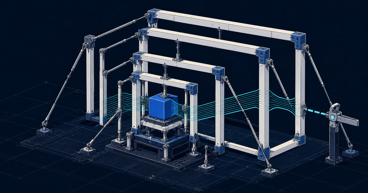 Axonometric illustration of a compact AI MVP core tested inside expanding structural load frames before scaling scope.