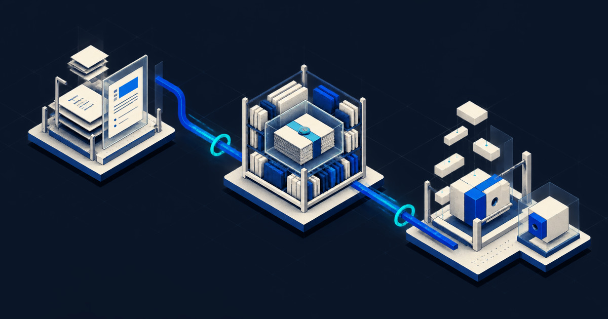 Axonometric illustration of a written brief moving through distributed decision-record and weekly delivery checkpoints.