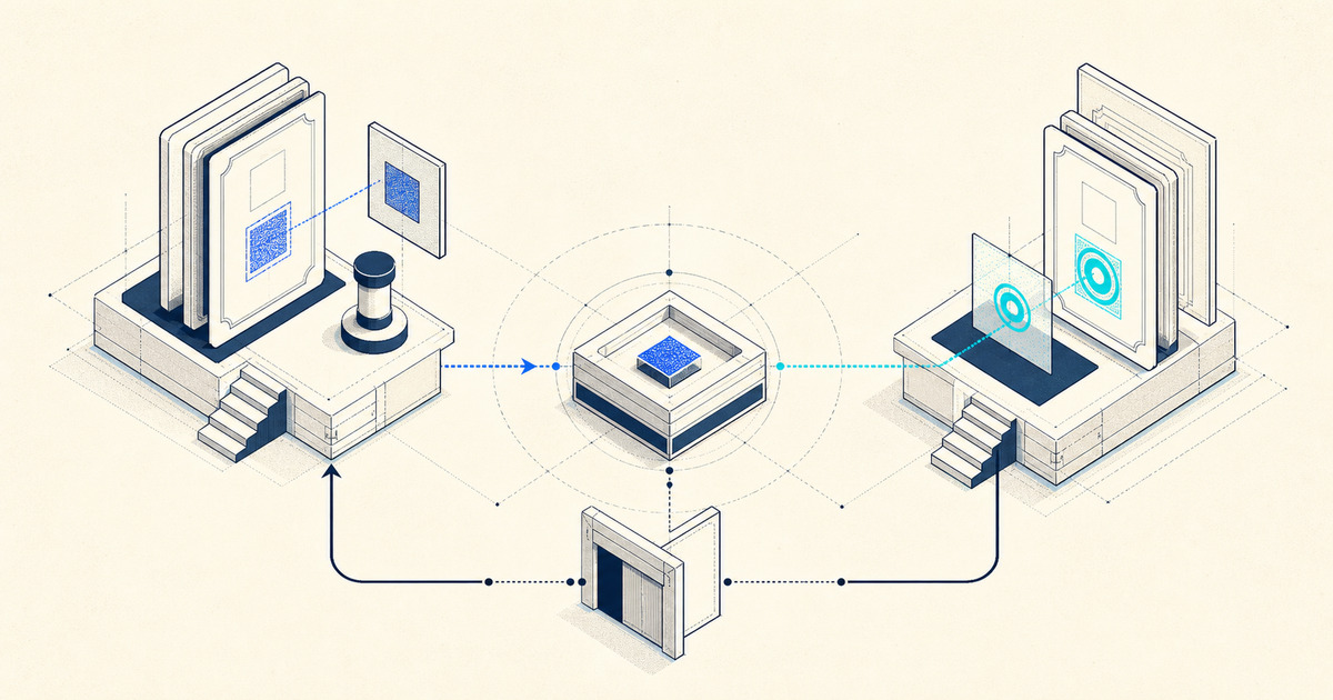 Technical illustration of an issuer creating a credential proof that passes through a shared record to an external verifier.