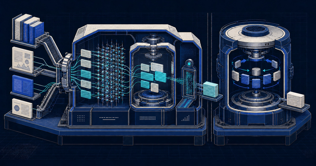 Split technical cutaway contrasting a source-grounded retrieval system with a sealed model-only response chamber.