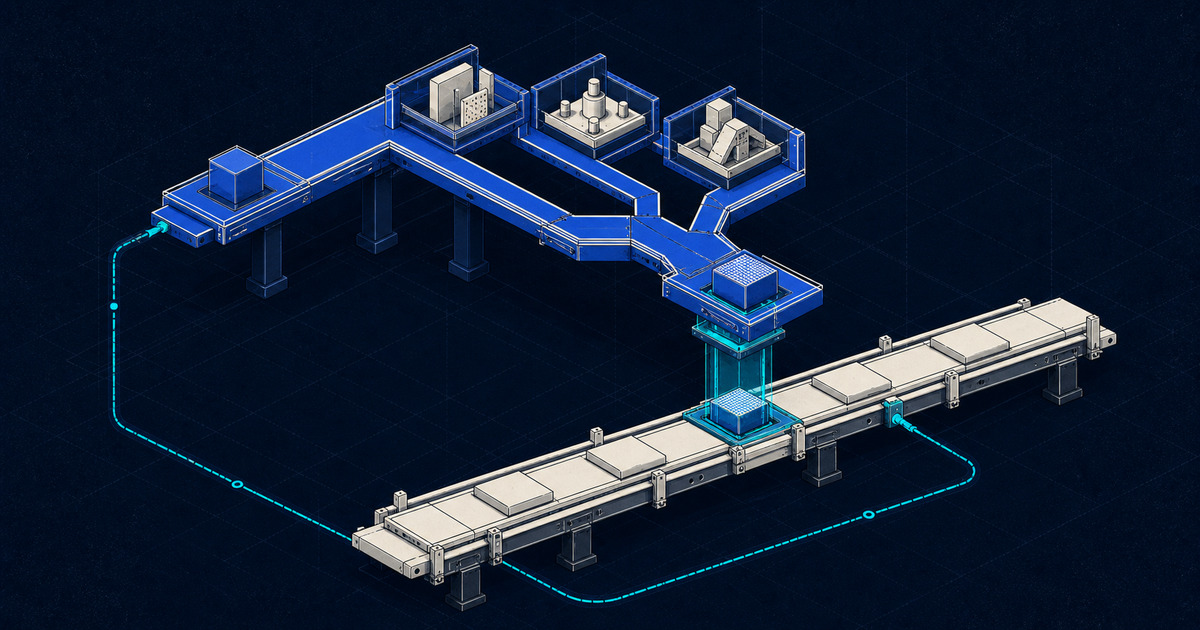 Axonometric illustration of an experimental research track validating system architecture one stage ahead of an operational delivery track.