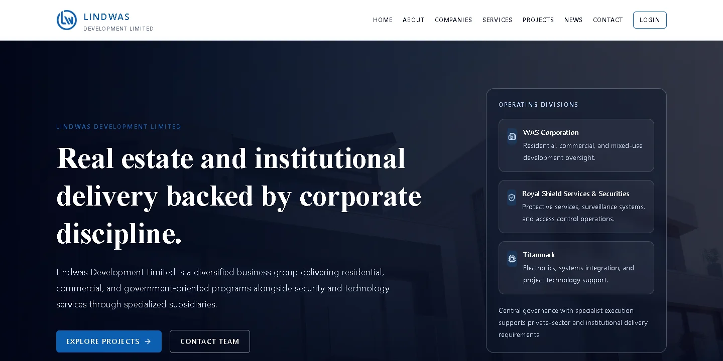 Lindwas corporate homepage with its operating divisions, in English