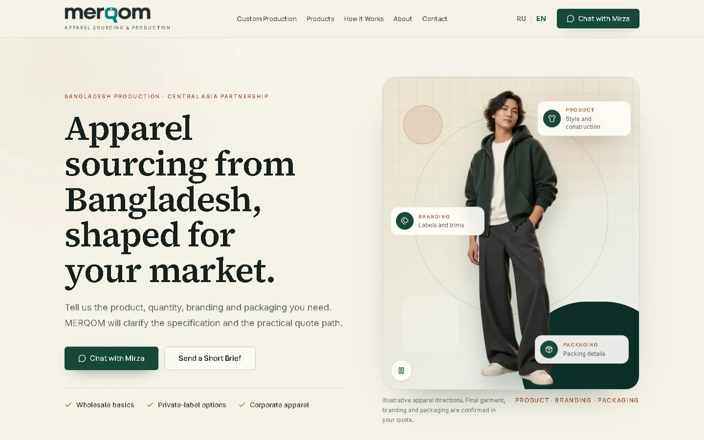 Merqom apparel sourcing homepage with product, branding and packaging options, in English